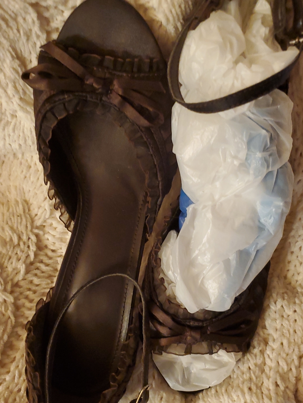 Brown Womens Ruffle Heels with Ankle Strap